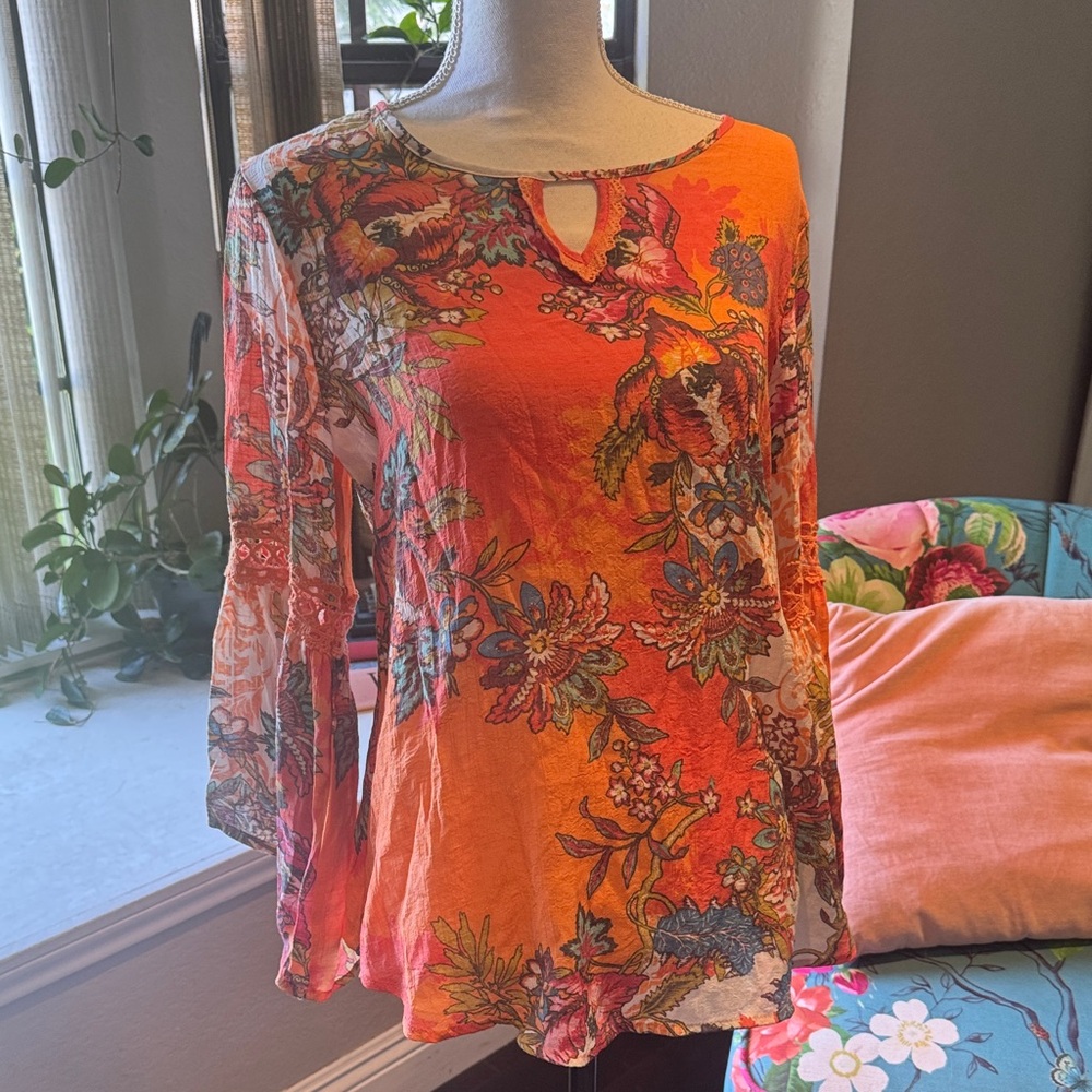 Spense Vibrant Floral Orange Blouse NWOT!